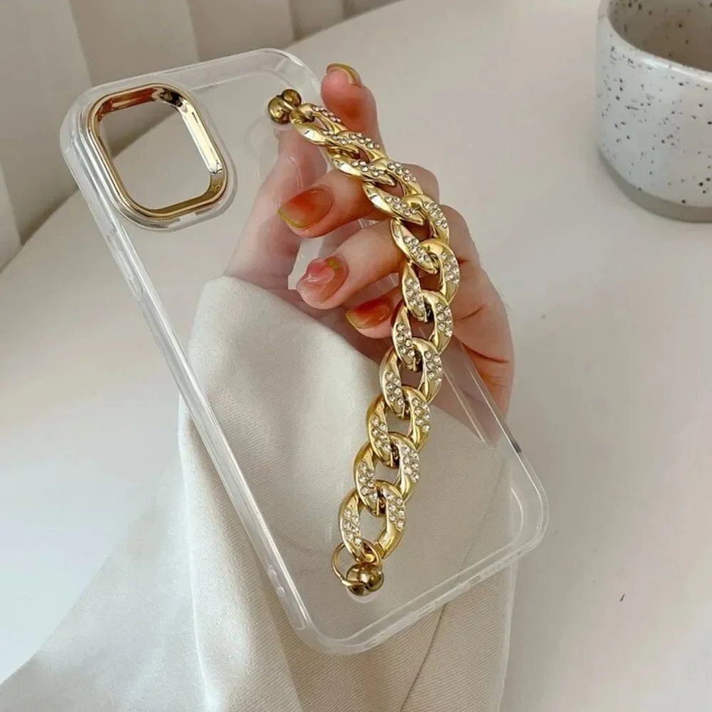 NWT IPhone 13 and IPhone 13 Pro Max Clear Case with Gold Bling Chain Hand Strap - Picture 1 of 3